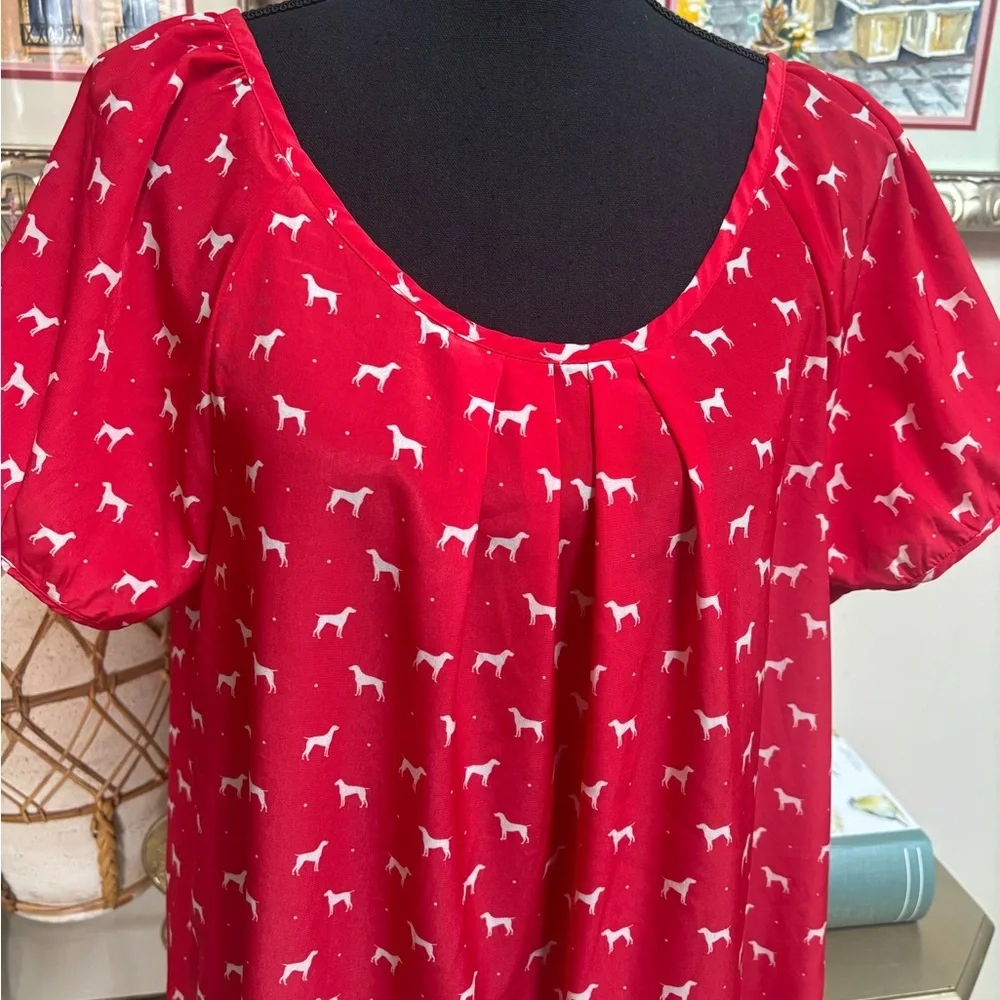 OLD NAVY RED & WHITE DOG PRINT BLOUSE PUFF SHORT SLEEVES BACK BOW TOP SIZE XL